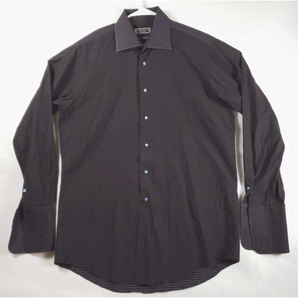 Steve Harvey Shirt Men XL Brown Long Sleeve Super Fine Cotton French Cuffs Plaid